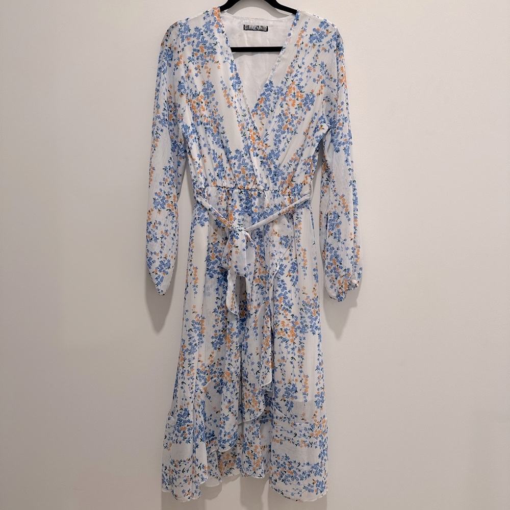 Yacun, floral dress, balloon sleeve, white, blue, orange, size M, good condition